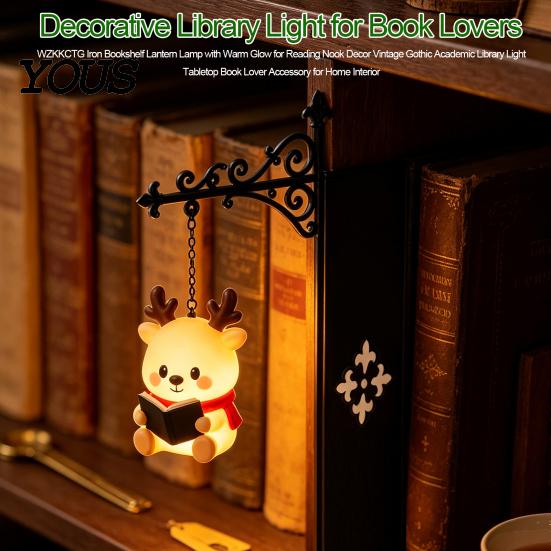Bookshelf Lantern Lamp Christmas Vintage Lamp, Light-up Santa Claus Snowman Reindeer Decor, Hanging Book Divider Label for Reading Nook, Home, Library