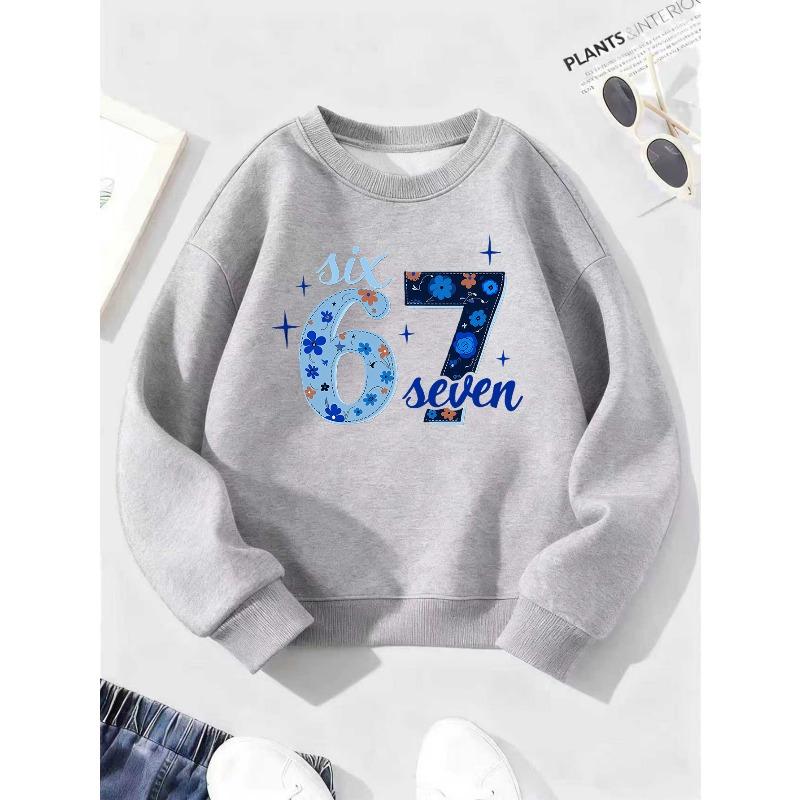 Kids Floral Six Seven 67 Print Sweatshirt Unisex Boys Girls Blue Flower Crewneck Long Sleeve Pullover Black Casual Children Streetwear Sweat Top