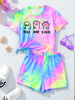 Kids Girls 2-Piece Tie Dye Set, Cat Paw Rock Paper Scissors Print Short Sleeve T-Shirt + Casual Shorts Summer Outfit