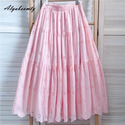 Mori Girl Frühling Sommer Frauen Rosa Midirock Elastische Taille Stickerei Süßer Chic Rock Aushöhlen Elegante Feminine Röcke