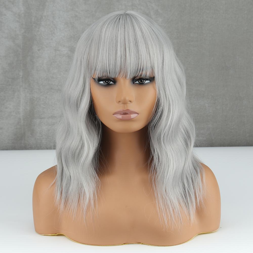 MISS WIG Hellblonde Perücke aus Kunstfaser mit natürlichen Wellen und Pony, für den Alltag, Cosplay, reine Farbe, Blond, Grau, Schwarz, Braun, gewellte Perücke