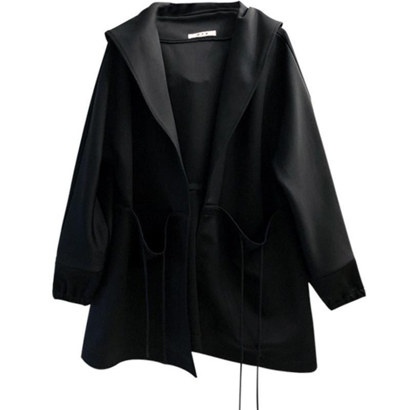 

Женский тренч с капюшоном, новый весенний короткий маленький тонкий плащ, модная черная женская одежда L чёрный