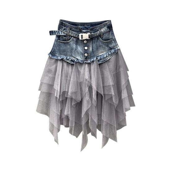 Women Skirt High Waist Denim Splicing Mesh Yarn Irregular Hem A-Line Skirt Versatile Work Leisure Daily Wear