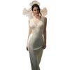 Vintage Satin Wedding Dress Deep V Lace Splicing Slim Pendant Satin Sleeveless Fishtail Light Wedding Dress