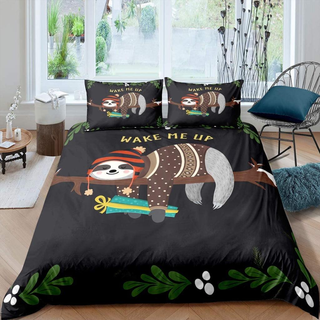 Kids Sloth Duvet Cover Set Queen King Size, Cute Animal Pattern Polyester Comforter Cover, Branches Winter Theme For Boys Girls