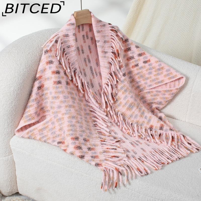 

BITCED Красочная клетчатая вязаная шаль с бахромой Женская осенне-зимняя повседневная накидка-свитер оверсайз One size розовый