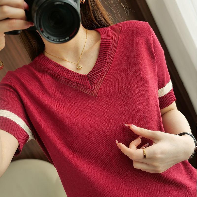 Women's Ice Silk Knitted T-shirt Hollow Out Color Blocked Knitted Shirt Loose Western Style Top