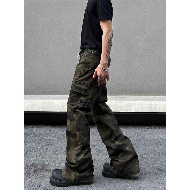 Blaexit American High Street Vibe Scimitar Camouflage Pants Slightly Flared Cargo Pants Men's Straight Slim Casual Long Pants