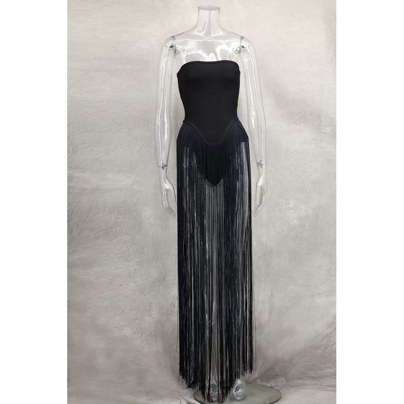 

Western Style Sexy Tube Top Tassel Split Formal Dress Dress Sexy Tassel Strapless Dress Black S