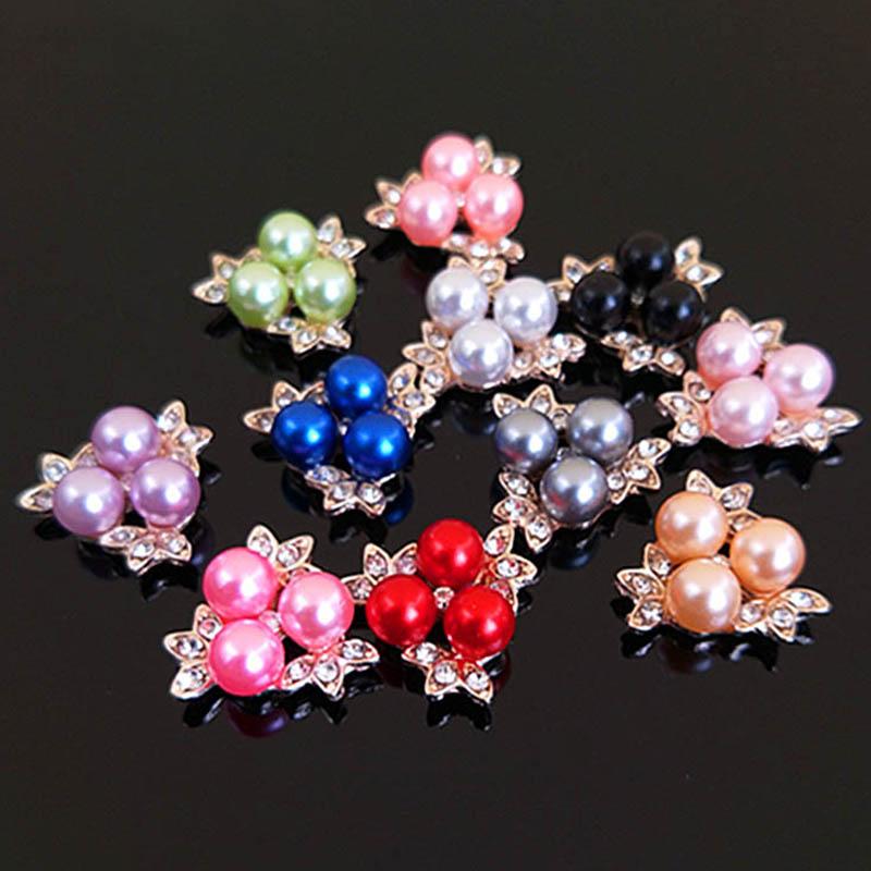 2015New 100Pcs 20mm Pearl Flower and Gold Leafs Rhinestone Flatback Embellishment Button for DIY Hair Accessories HZ256