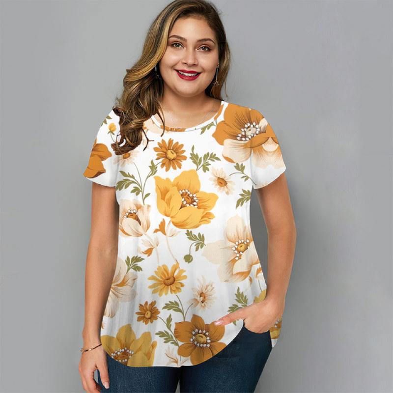 Summer O-Neck Womens T-Shirt Oversized Clothes Harajuku Casual Loose Top Floral Print Funny T-Shirt for Ladies Pullover Street