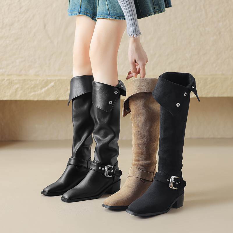 Krazing Pot Zapatos de Microfibra con Pelo Otoño Invierno Tacón Medio Grueso Botas de Montar Remaches Punta Cuadrada Mantener Caliente Botas Altas hasta la Rodilla