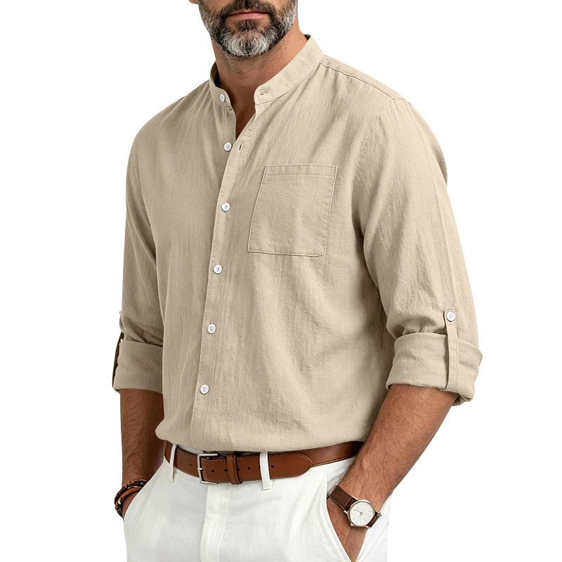 Men Linen‑Blend Button‑Down Shirt Stand Collar Chest Patch Pocket Roll‑Up Sleeve Button Tab Lightweight Breathable Wrinkle‑Resistant Casual Beach Top