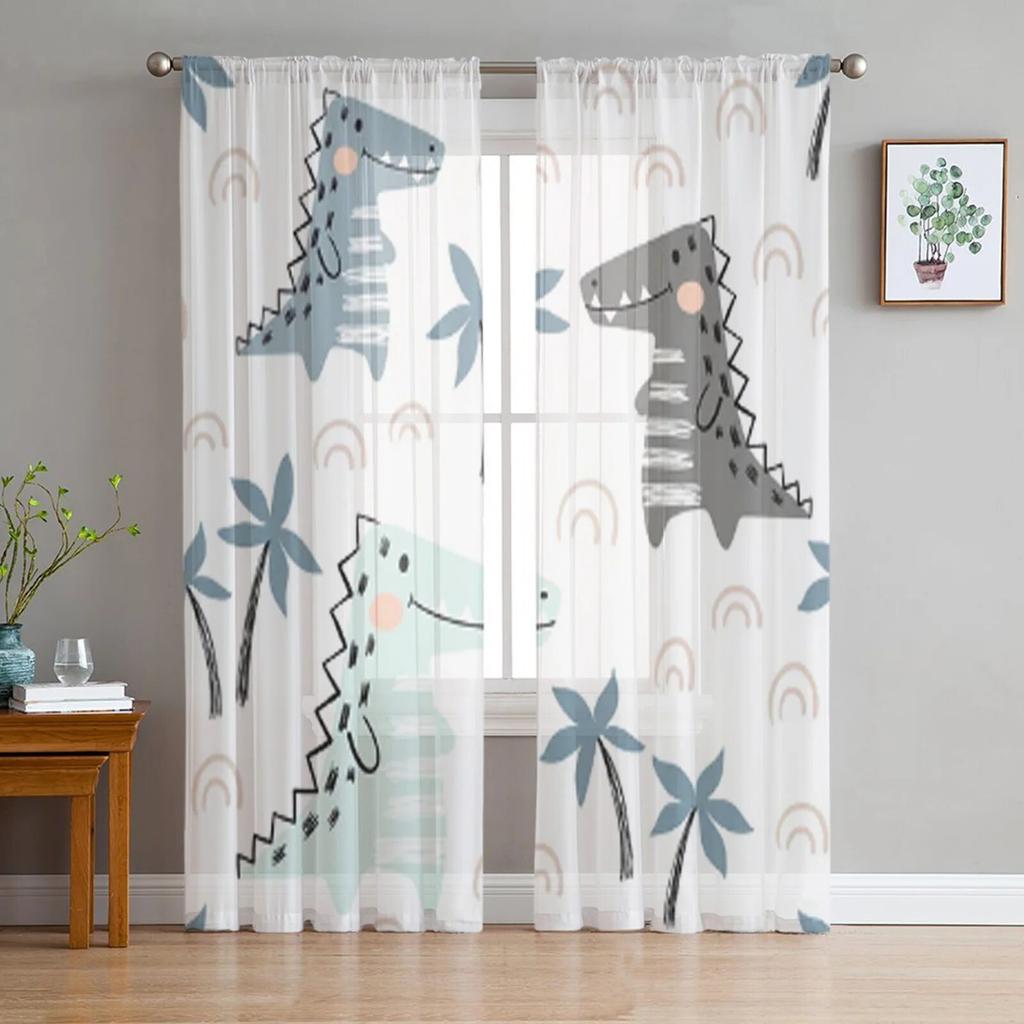 Animal Green Dinosaur Plant Tulle Sheer Window Curtains for Living Room Kitchen Children Bedroom Voile Hanging Curtain
