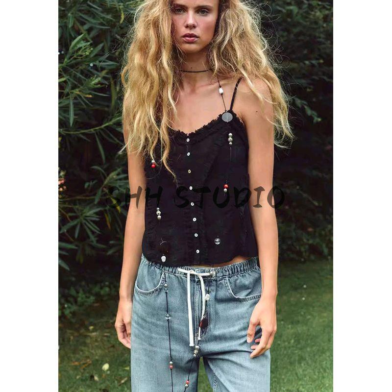 Spring New Women's Clothing Pure Desire Style Laminated Decoration Embroider Cotton Tulle Sling Tops 0881073