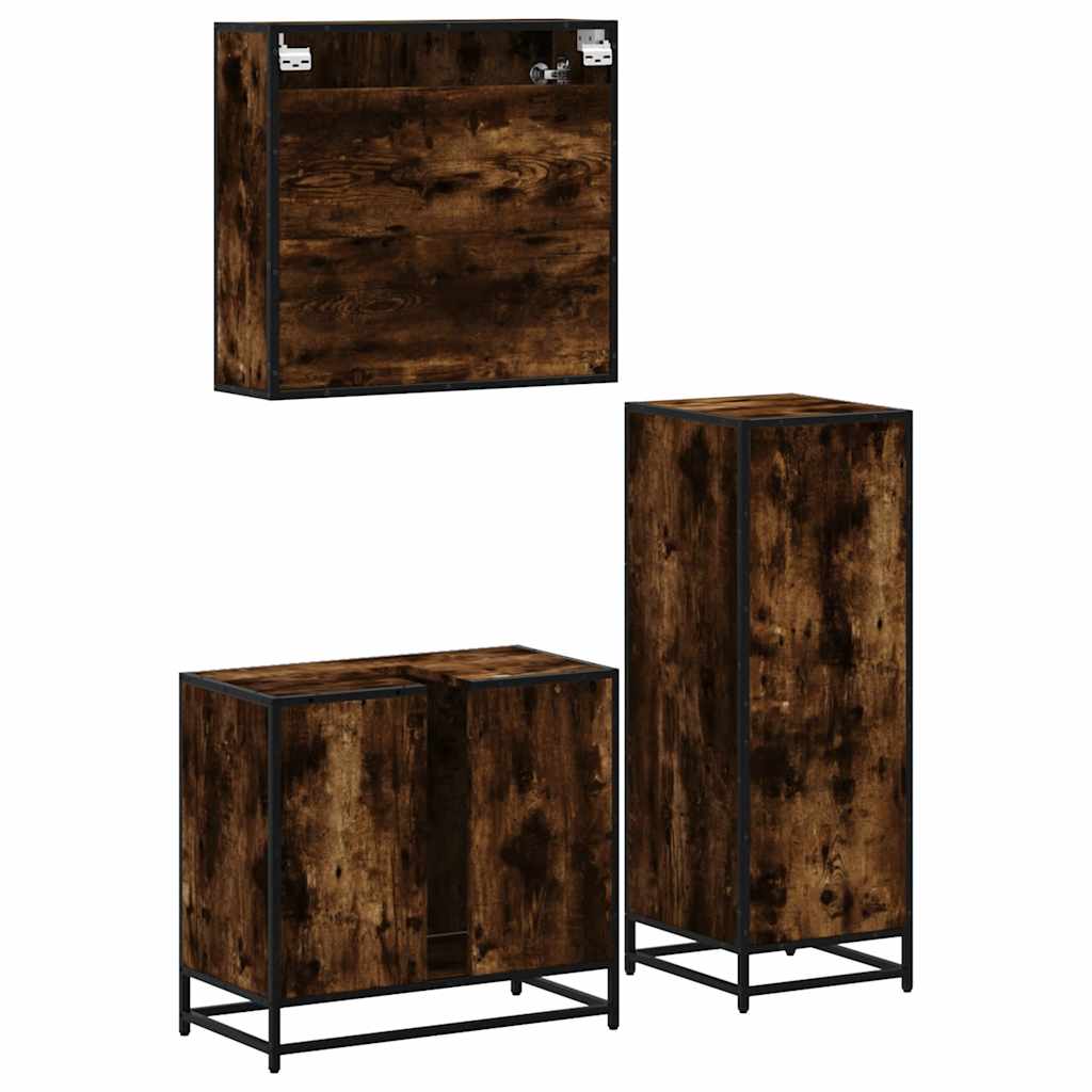 3 Piece Bathroom Furniture Set Smoked Oak Wood Based Material