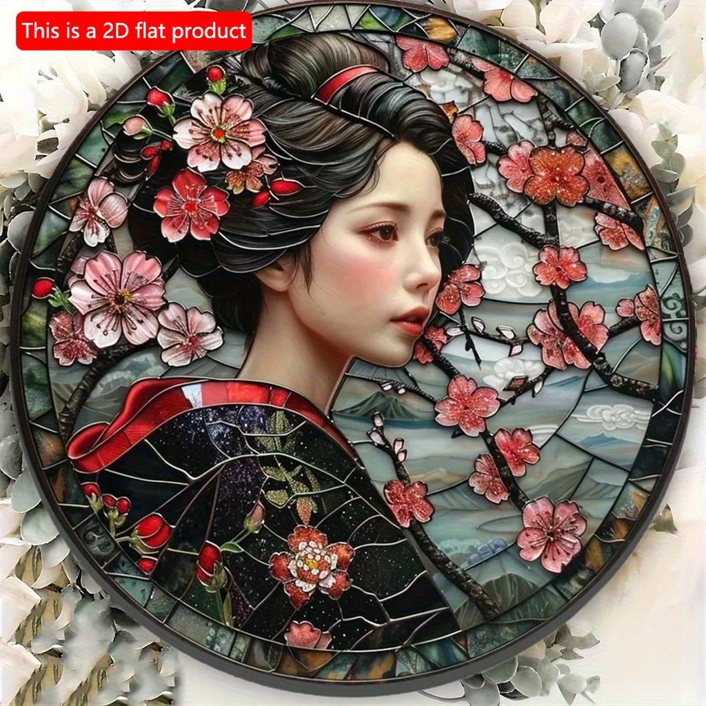 2d Flat 20*20cm, Round Wooden Sign, Wreath Decorative Sign, Bedroom Decoration Gifts, Japanese Kimono Theme, for Bar, Club, Home Wall Decor.