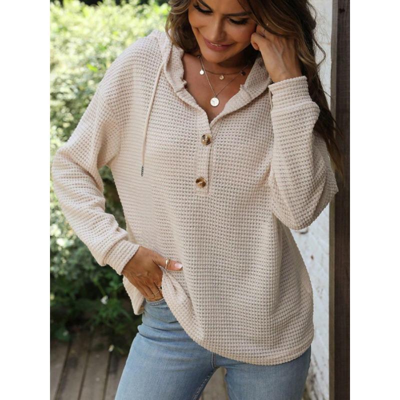 Women S Loose Long Sleeve Solid Color Hooded Button Sweatshirt