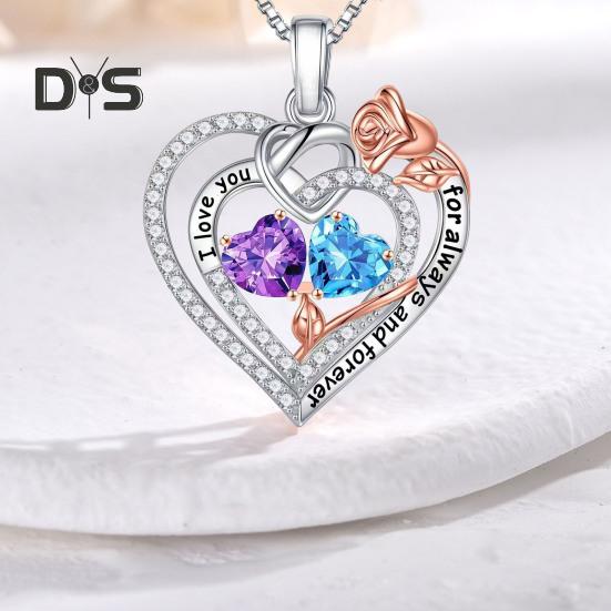 I Love You Forever Heart Necklace for Women Cubic Zirconia Heart Golden Rose Necklace Valentine's Day Birthday Jewelry Gift for Wife Mom