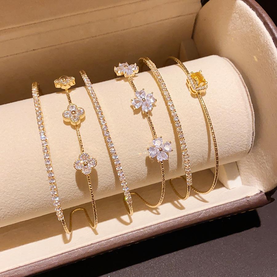 Gold Petal Zircon Flower Open Cuff Bracelet - Elegant Versatile Hand Jewelry