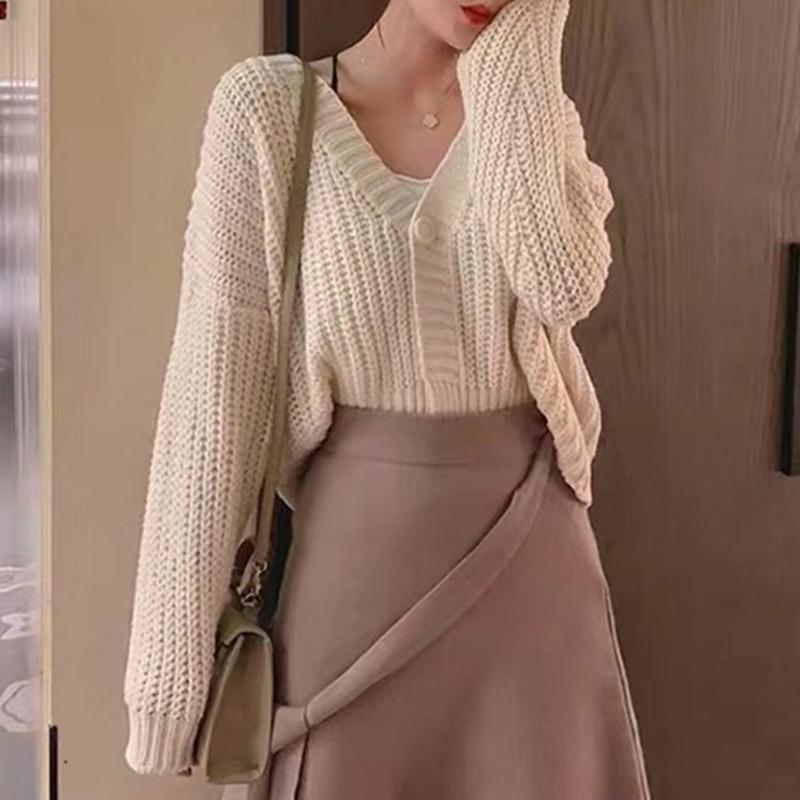 

New Autumn and Winter Cardigan Short Sweater Women V Neck Loose Fashion Solid Color Coats Elegant Long Sleeve Casual Simple Clothing One size белый