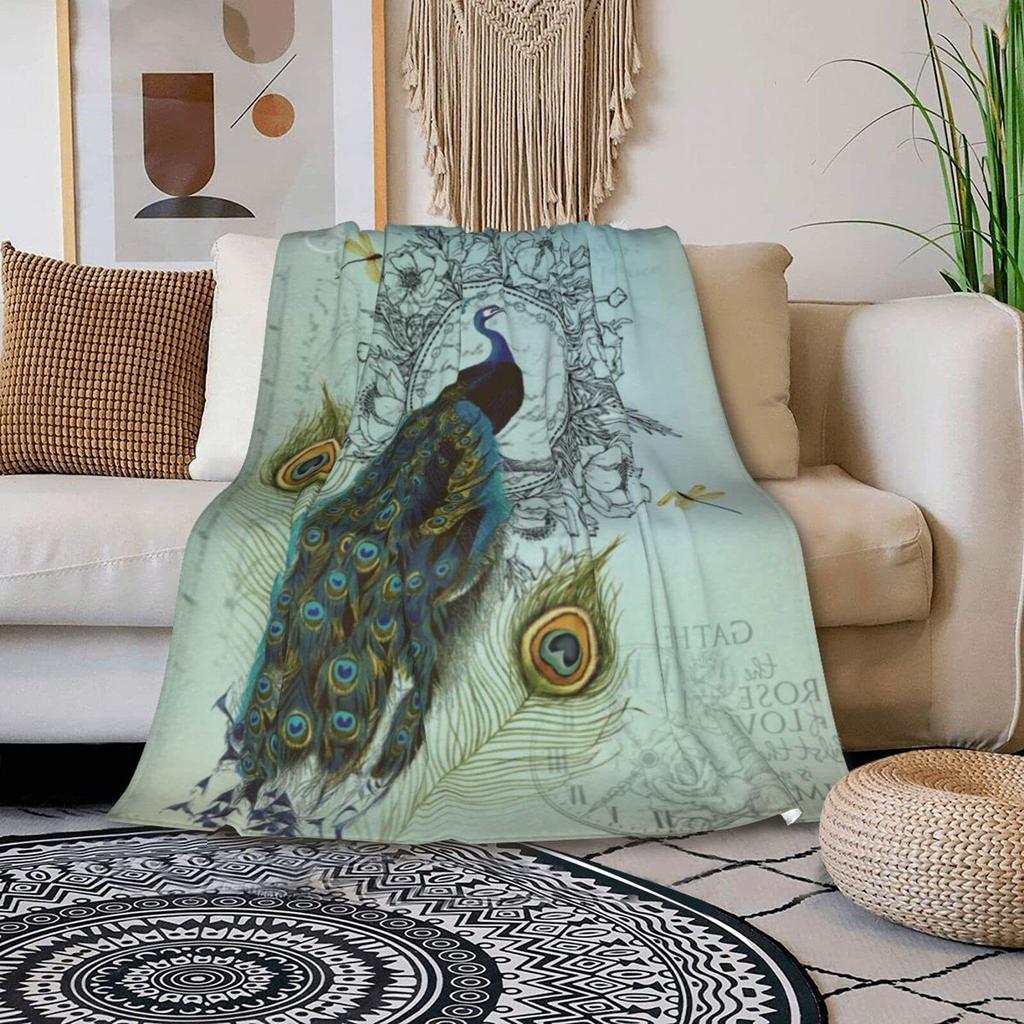 Peacock Pattern Collection Digital-printed Polyester Bedroom Velvet Flannel Cover Blanket Fleece Soft Cover Blankets for Beds