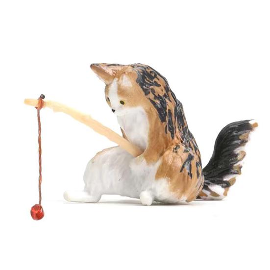 Fishing Kitten Statue Cartoon Cat Figurine Collectible Resin Miniature Cat Sculpture for Fish Tank Micro Landscape Aquarium Decor
