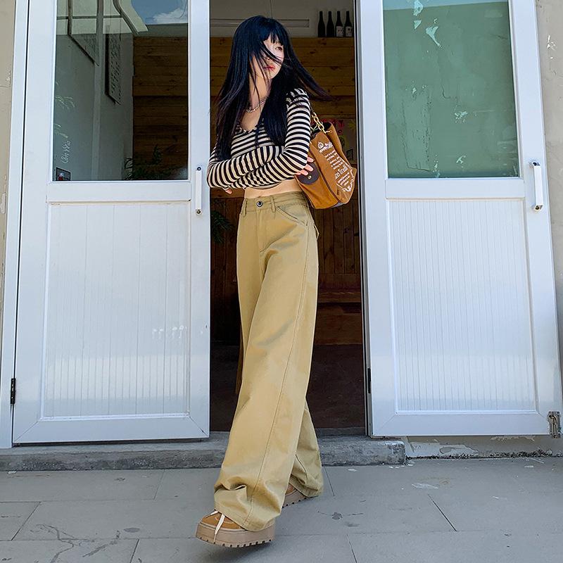 Autumn 2025 Khaki High-Waist Loose Straight-Leg Women's Jeans - Casual, Slimming, Fashionable Wide-Leg Pants