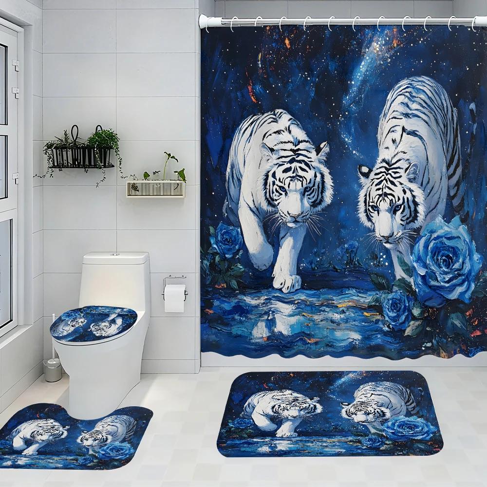 White Tiger Bathroom Four-Piece Set - Avant-garde Waterproof Shower Curtain, creating a complete bathroom suite