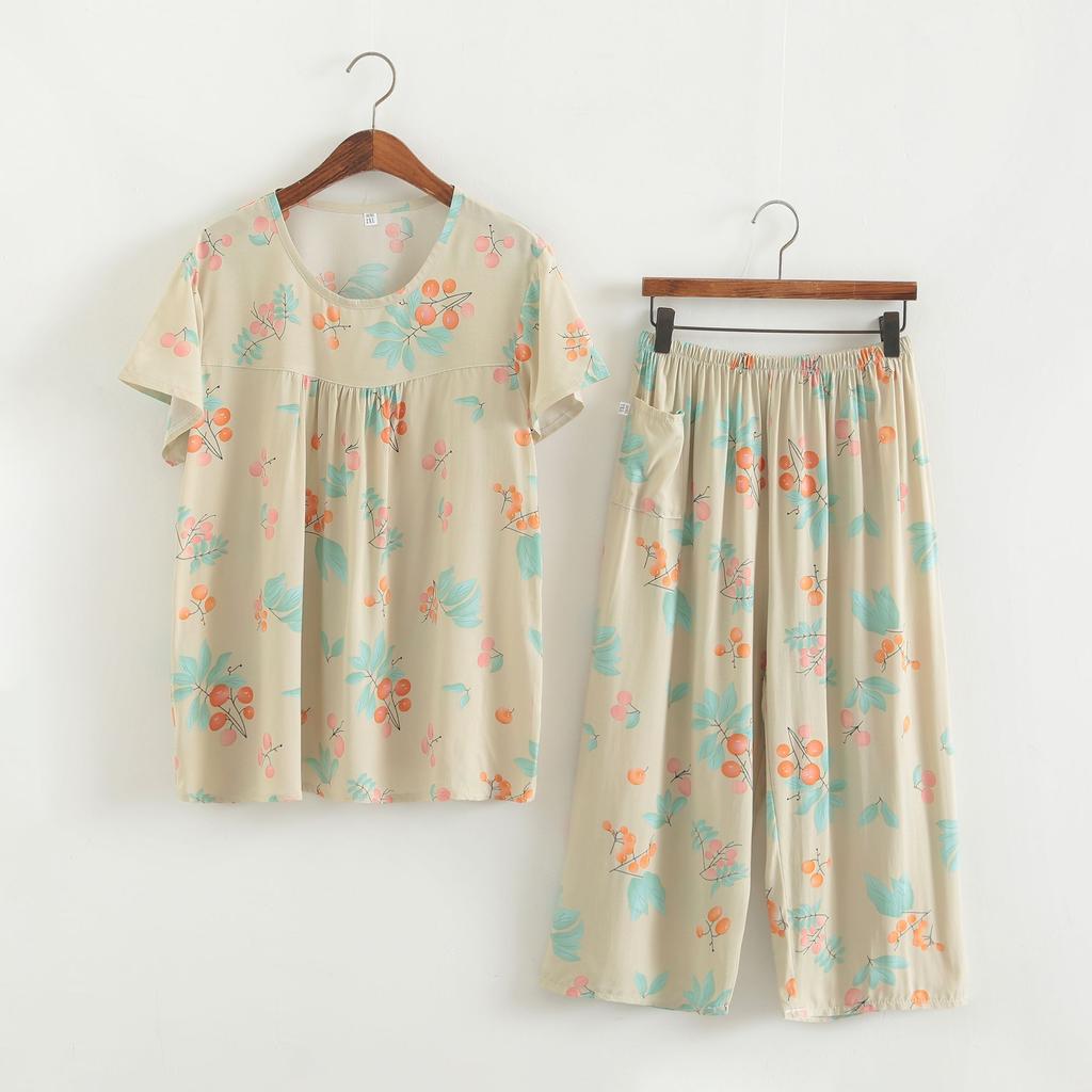 Baumwollseidenset Kurzarm-Caprihose für Damen mittleren Alters und ältere Frauen im Sommer, dünnes Oberteil, cooles Zuhause