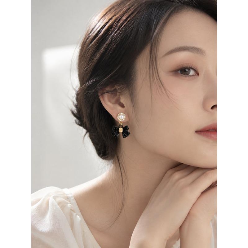 Black Bow Rhinestone 925 Silver Needle Luxury Vintage Drop Earrings For Women