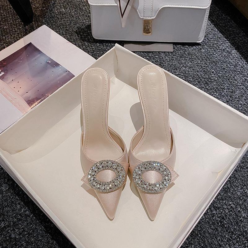 High Heel Pointed Toe Satin Rhinestone Sandals Thin Heel Round Buckle Women Shoes