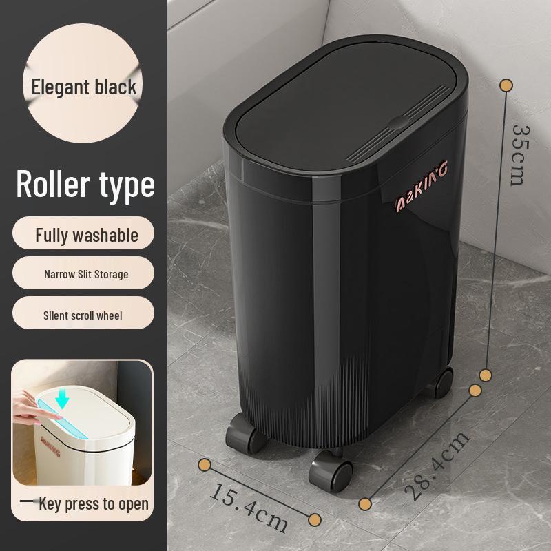 Press-Type Trash Can with Lid and Wheels for Bathroom Crevice