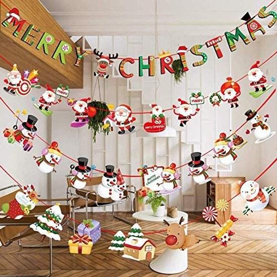 Christmas Decoration 7 Types Set Garland Cute Socks Tree Hanging Flag Banner Merry Paper Santa Claus Garden Long Colorful Izakaya Ceiling Wall Sign