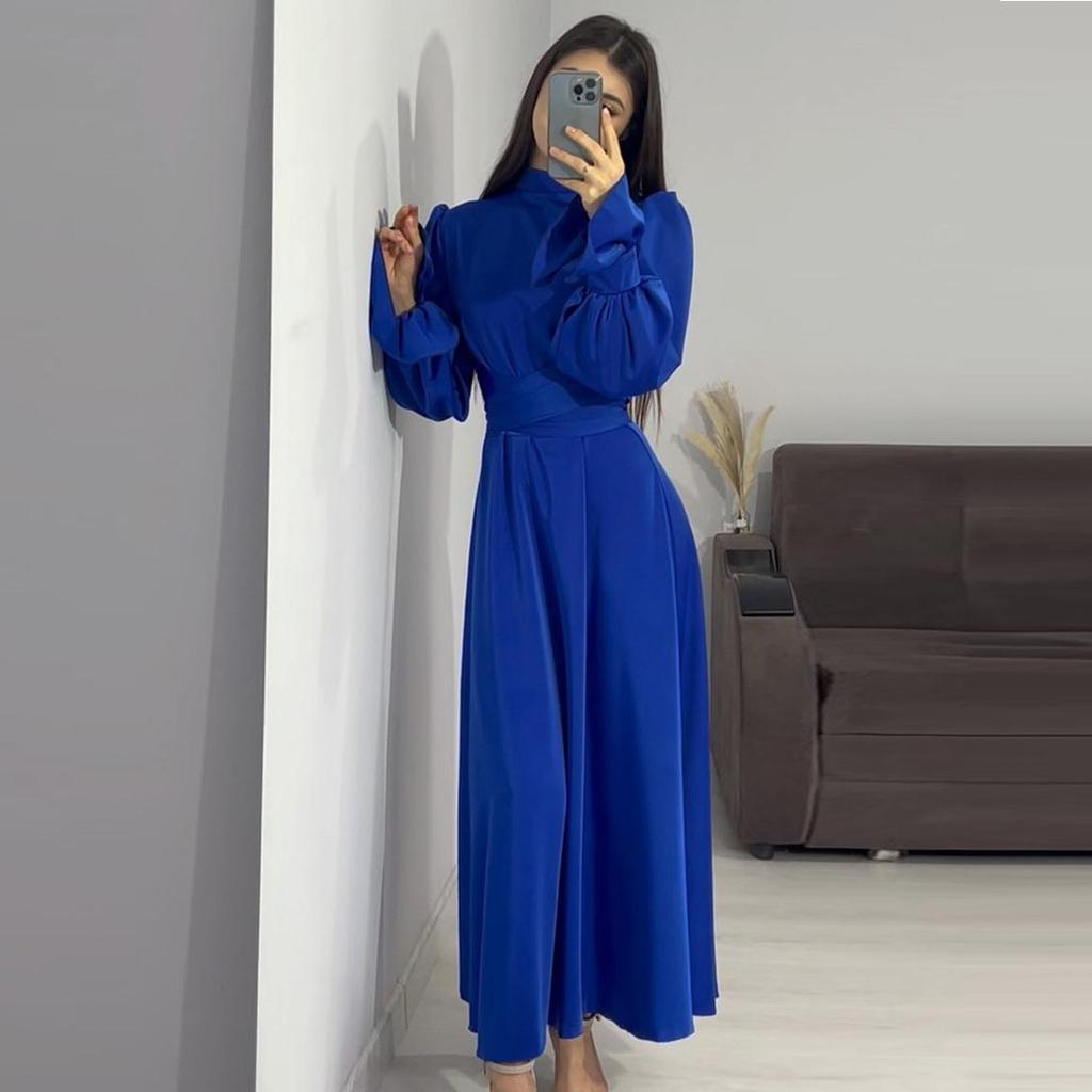 Qooth Elegant Ruffled Bandage Maxi Dress For Women Slim Lace-Up Solid Vintage Evening Partywear Ladies Long Dress