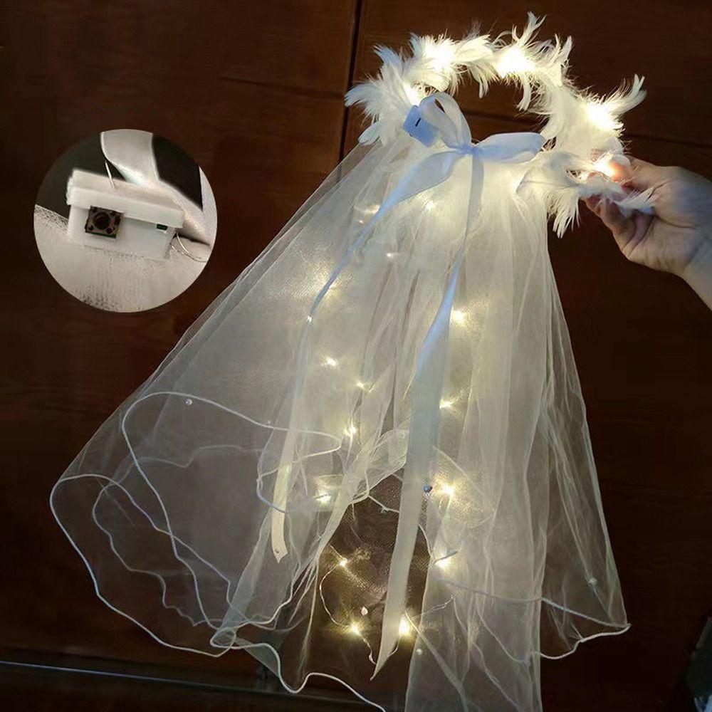 Bride Crown Bridal Feather Headbands Women Wedding Veil Korean Bride Headwear LED Light Bride Veil