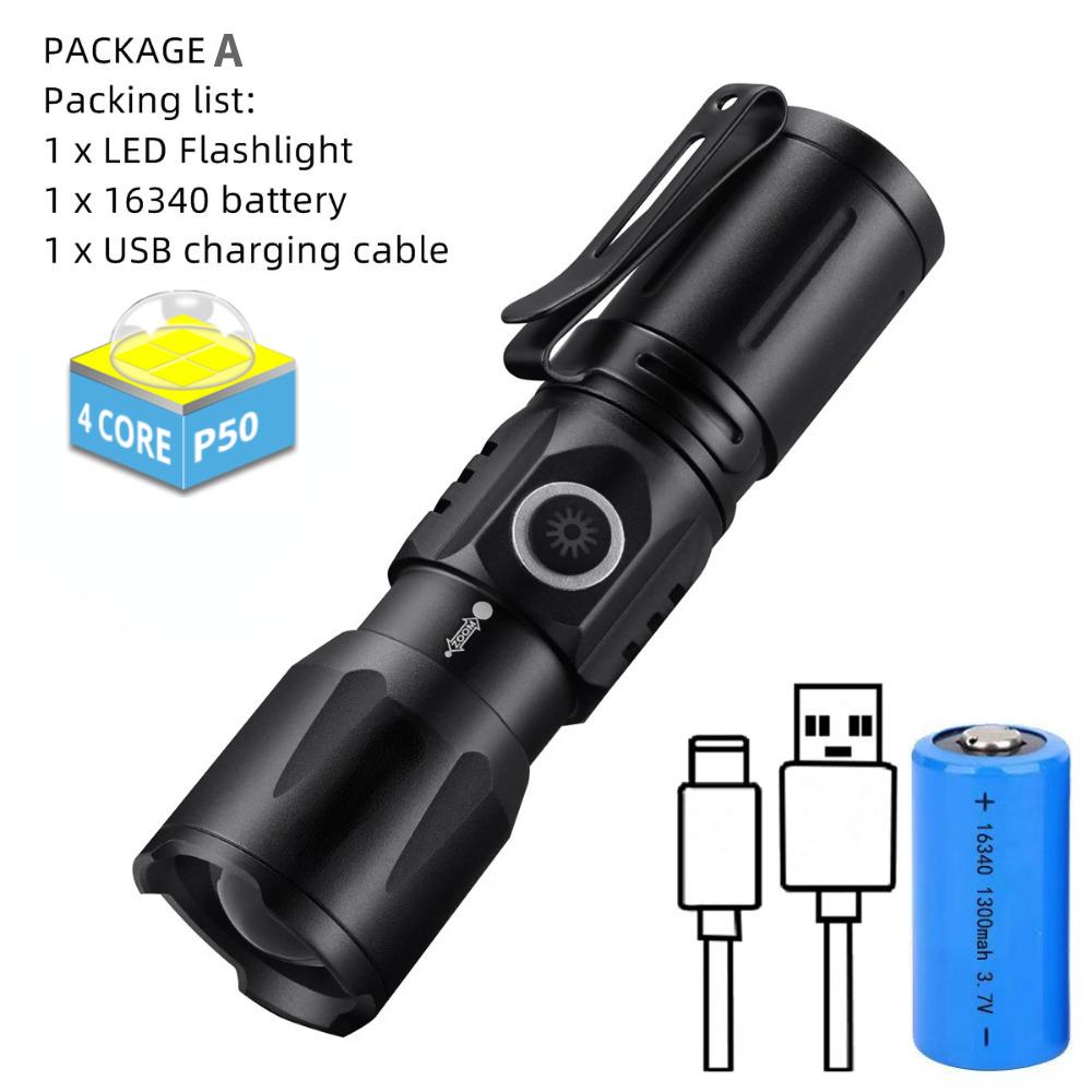 High Quality White Laser LED Flashlight 18350 Zoom Torch Rechargeable USB Light Waterproof with CAP CLIP for Hiking Camping