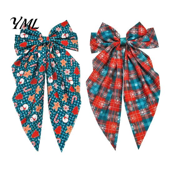 Christmas Tree Hair Ornaments Large Bow for Women Girls, Decorative Clip with Classic Holiday Snowflake Plaid Ties Prints, Elegant Long Tail Barrettes