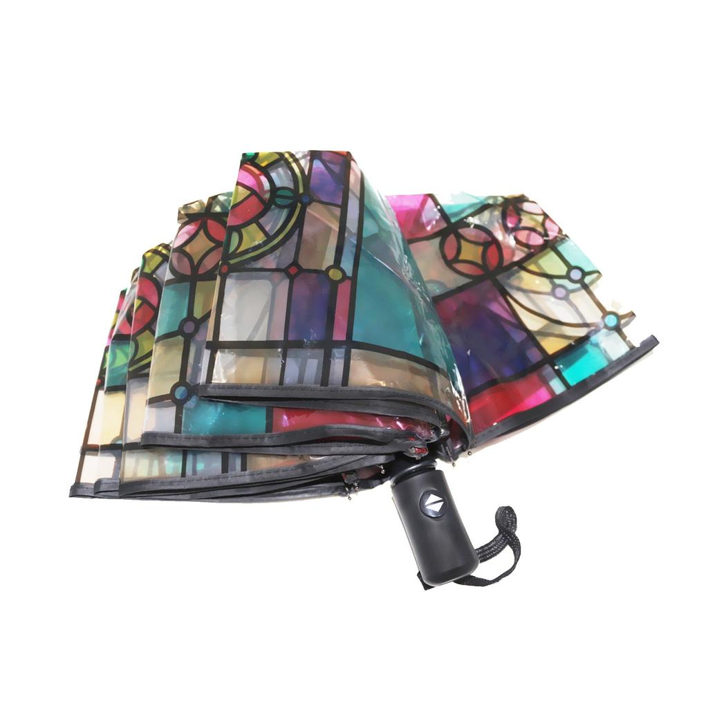 Regenschirm Automatischer japanischer 23-Zoll-Kirchenglasschirm Transparenter POE Gerader Mast Langer Griff Sunny Umbrella Glass Buntes Muster