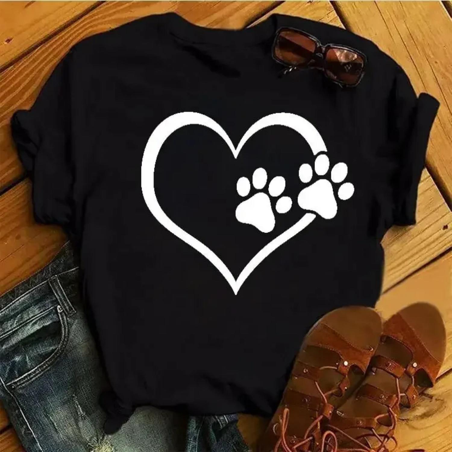 

Cartoon Colorful Heart Dog Paw Graphic Print T Shirt 90s Fashion Casual Women Men Short Sleeve Plus Size T Shirt Unisex S чёрный