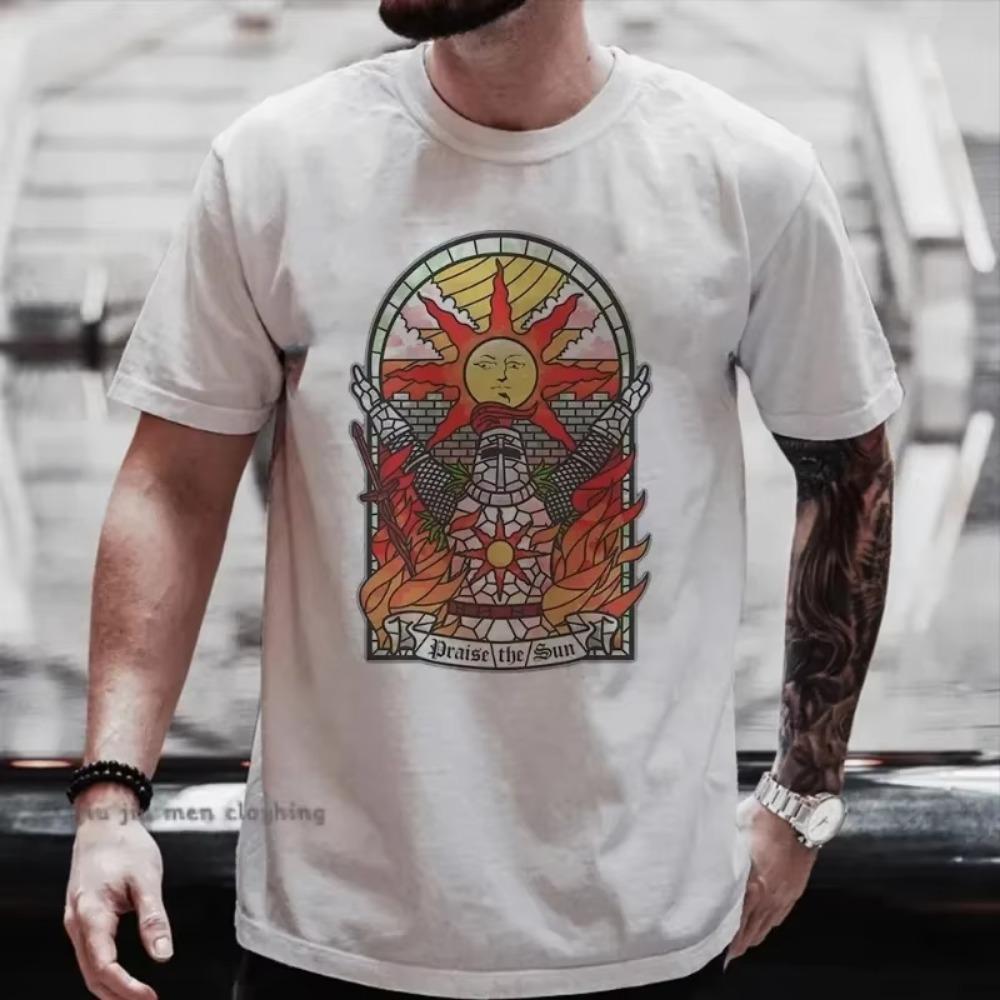 Men Dark Souls Church of The Sun Printed Men's T-shirt Praise Sun Pattern T-shirt Cotton Summer New Fashion Large T-shirt