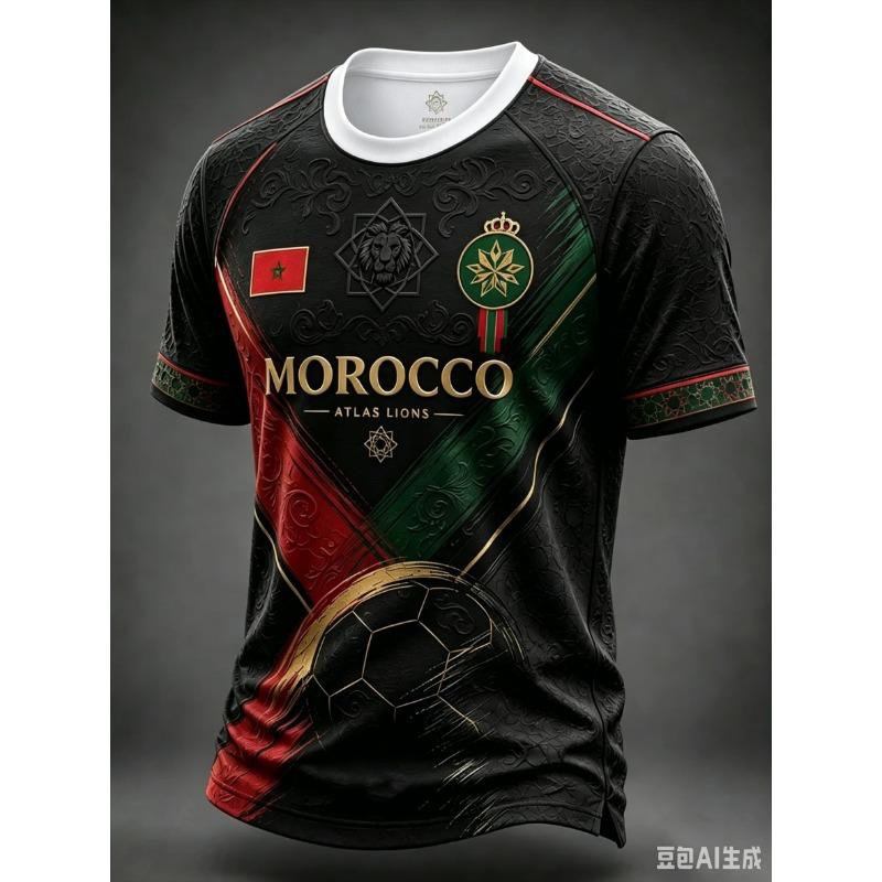 NOVÝ fotbalový dres Marockého týmu Červený Zelený Raglánový Rukáv 3D TISK Krátký Rukáv Fotbalové Tričko Unisex Fanouškovské Tréninkové Sportovní Tričko Top