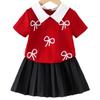 Girls' Fashionable Wine-red Outfit Summer Children's Princess Shirt and Black Pleated Skirt Set.