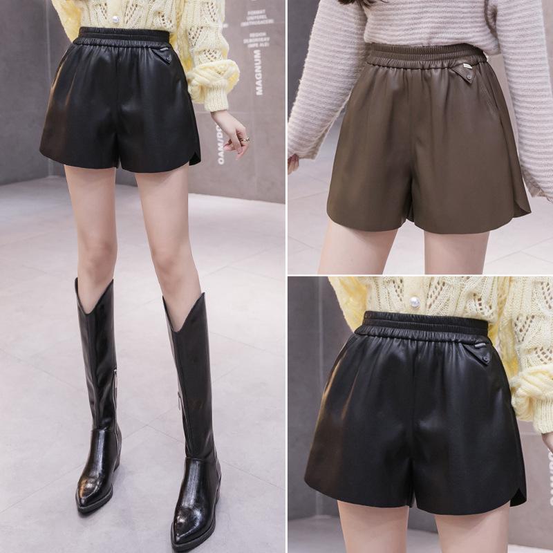 2026 Autumn/Winter Women's High Waist A-line PU Leather Shorts with Elastic Waist and Slimming Wide Leg Design