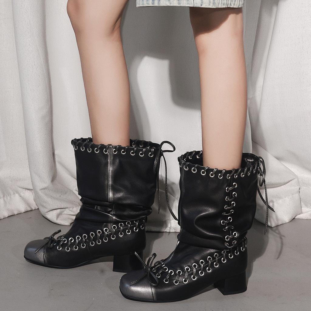 Designer Damenstiefel Trendige eckige Zehenpartie Lederstiefel Vintage Schnürstiefel mit Falten Mittelhohe Stiefel für Damen Mode-Stiefel mit dickem Absatz