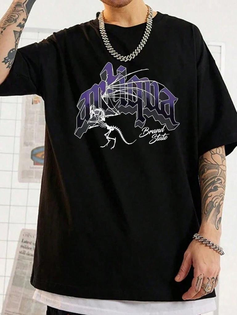 Dinosaur Fossil Print T Shirt, Men's Summer and Spring Short Sleeve Crew Neck Casual Top