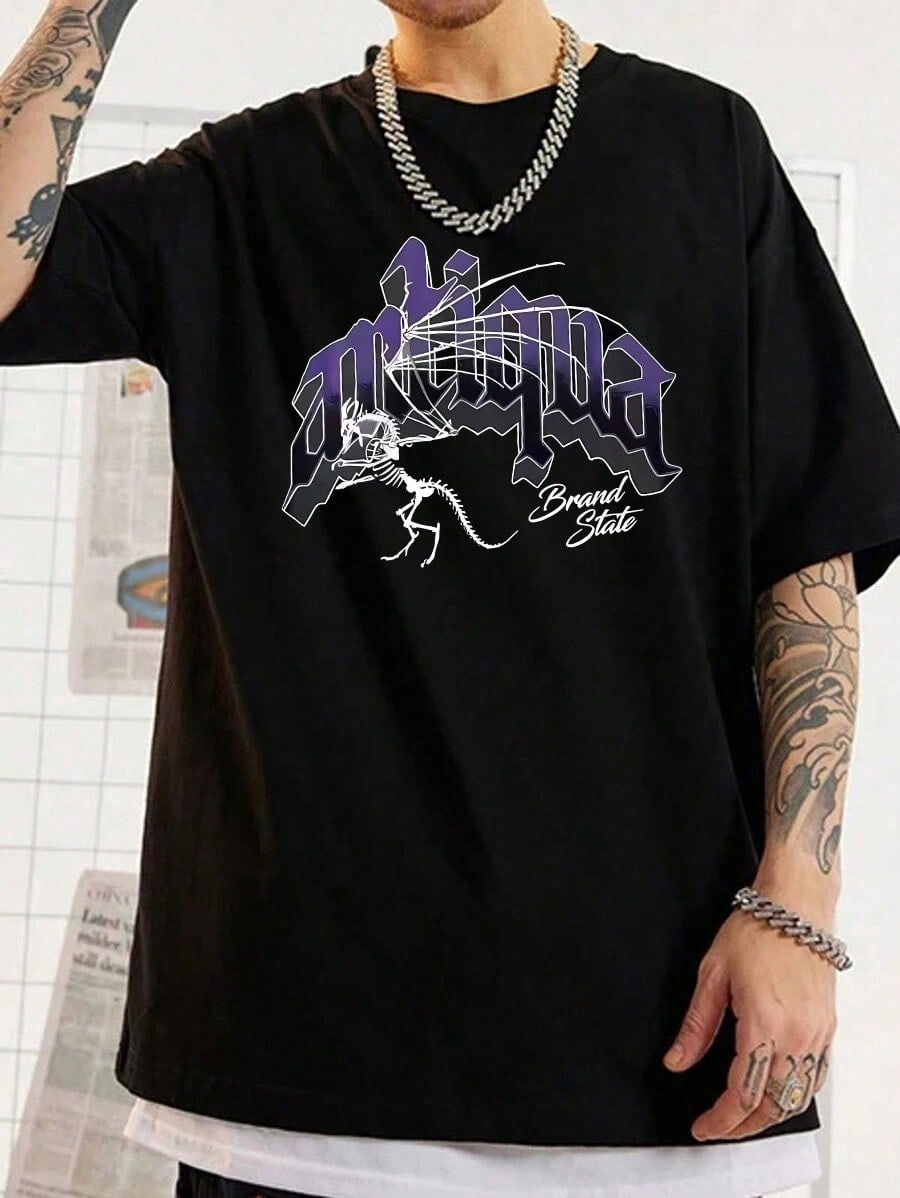 

Dinosaur Fossil Print T Shirt, Men s Summer and Spring Short Sleeve Crew Neck Casual Top S разноцветный