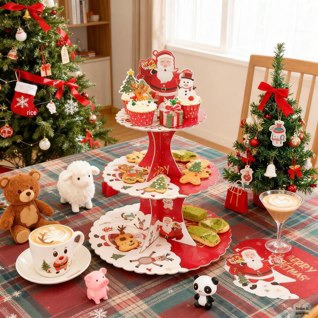 Üç Katlı Yılbaşı Tatlılık: Parti Dekorasyonu İçin Noel Baba & Ağaç Pasta Standı