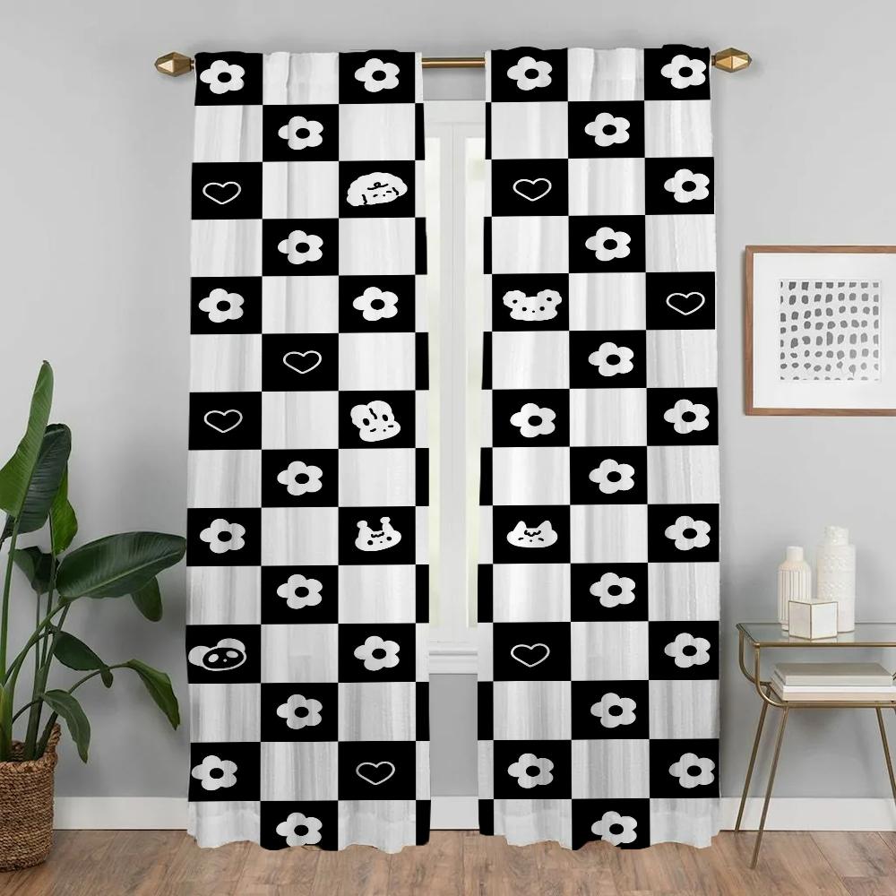 Checkerboard Tulle for Bedroom Partition Window Curtain for Room 2 Panel Curtains Child Room Home Interior Curtains Shades