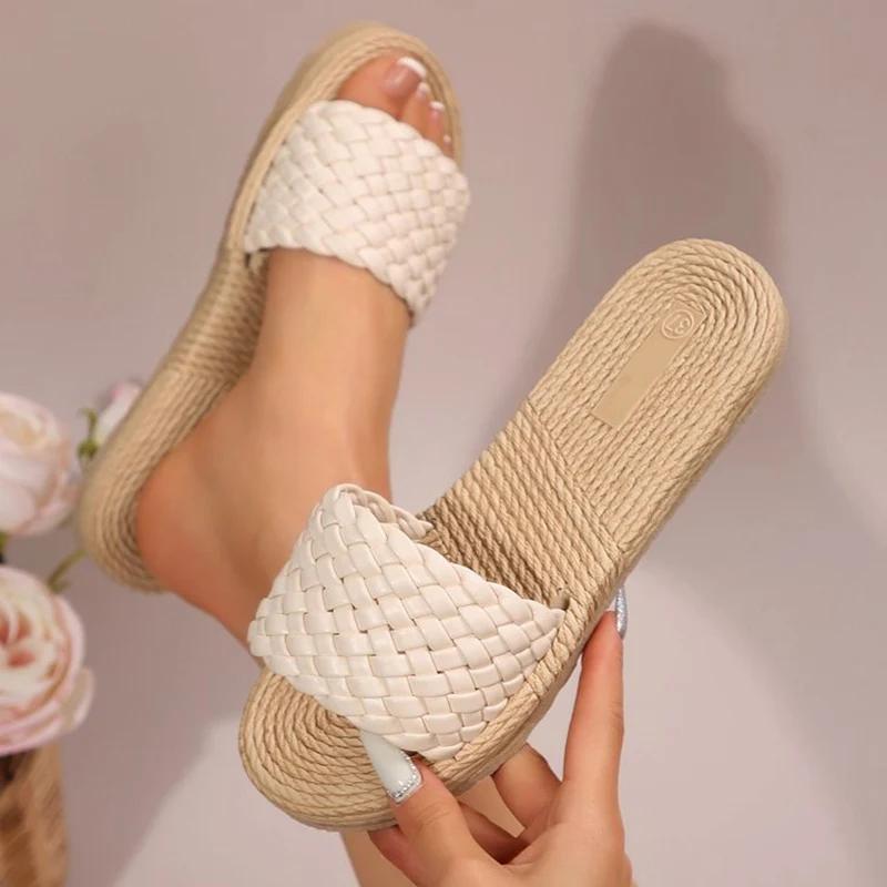 

Fashion Fashion Braided Pu Leather Slides Women Plus Size Open Toe Flat Sandals for Woman Summer Comfotable Slip On Slippers Mujer 36 белый
